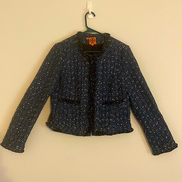 TORY BURCH Tweed Blue Teal w/white Ruffle Trim Jacket Size 10 Fully Lined +NICE! - Picture 3 of 14